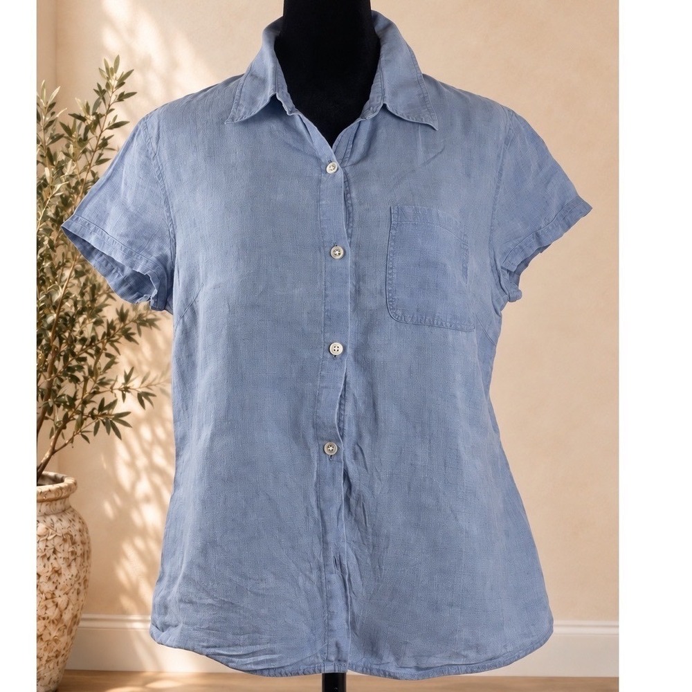 Kate Hill Casual Womens Medium Blue 100% Linen Short Sleeve Button Down Shirt